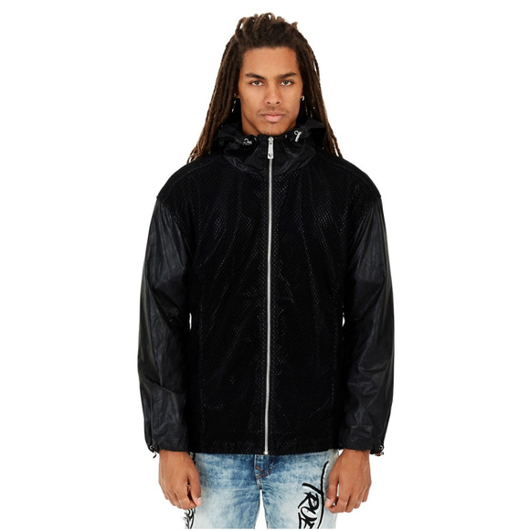 True Religion Men's Contrast Mesh Full Zip Front Anorak Hooded Jacket in Black - Picture 1 of 4